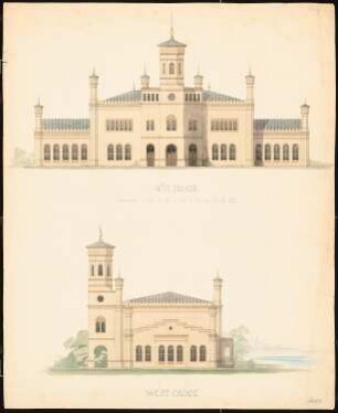 Villa am Wasser, Berlin (?): Ansicht Südfassade, Ansicht Westfassade, Maßstabsleiste Fuß und Faden
