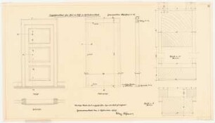 Dachgeschossausbau für Frau von Buhl, Hildebrandseck: Zimmertür: Grundriss, Ansicht, Schnitt 1:10, Detail Schnitt 1:1