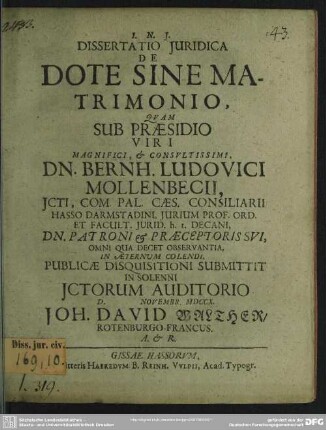 Dissertatio Iuridica De Dote Sine Matrimonio