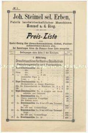 Preisliste über landwirtschaftliche Maschinen