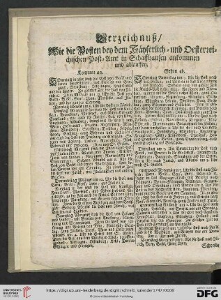 Verzeichnuß / Wie die Posten bey dem Käyserlich- und Oesterreichischen Post- Amt in Schaffhausen ankommen und ablauffen