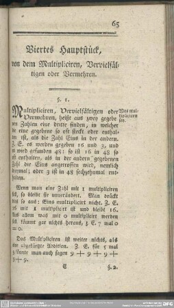 Viertes Hauptstück, von dem Multipliciren, Vervielfältigen oder Vermehren