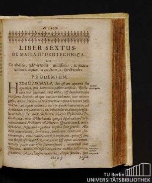 Liber Sextus. De Magia Hydrotechnica, Sive De abditis, admirandis, utilissimis, ac jucundissimis aquarum artificiis, ac spectaculis.