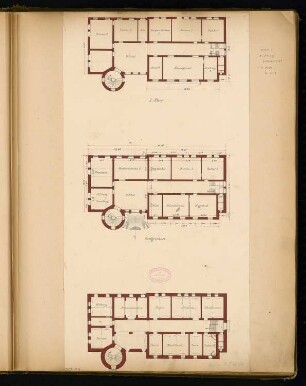 Rathaus, Calau Monatskonkurrenz März 1879: Grundriss Keller, Erdgeschoss, Obergeschoss; Maßangaben, Raumplan