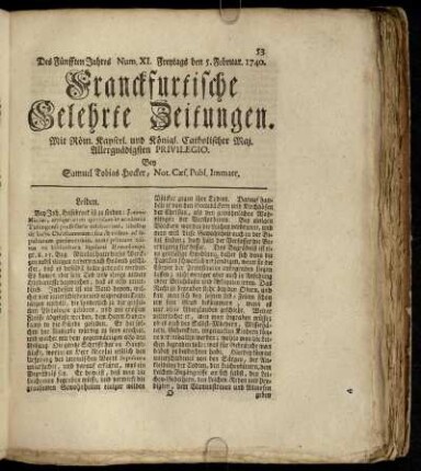 Num. XI. Freytags den 5. Februar. 1740 - Num. XX. Dienstags den 8. Mart. 1740