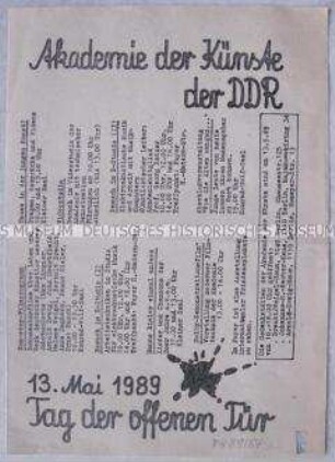 Programmblatt zum Tag der offenen Tür der Akademie der Künste anlässlich des Pfingsttreffens der FDJ 1989
