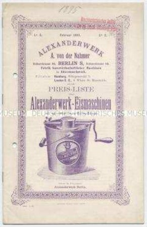 Preisliste über Alexanderwerk-Eismaschinen