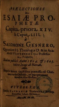 Praelectiones In Esaiae Prophetae Capita Priora XIV. & Caput LIIII.