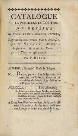 Catalogue d'une belle collection de dessins italiens, flamands, hollandois et françois, ainsi que de plusieurs tableaux, estampes, volumes d'antiquités & autres : le présent catalogue est orné d'un frontispice ... & de 14 estampes gravées à l'eau-forte ...