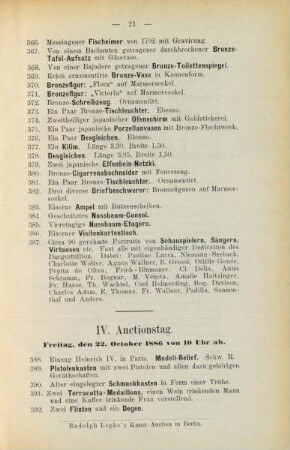 IV. Auctionstag. Freitag, den 22. October 1886 von 10 Uhr ab.