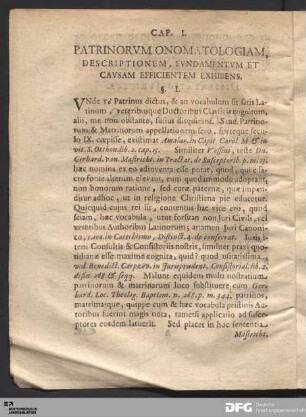Cap. I. Patrinorvm Onomatologiam, Descriptionem, Fvndamentvm Et Cavsam Efficientem Exhibens.