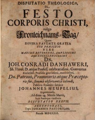 Disp. theol. de festo Corporis Christi, vulgo Fronleichnams-Tag