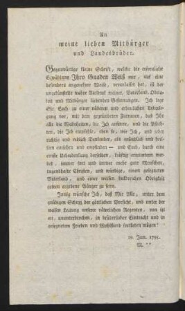 An meine lieben Mitbürger und Landesbrüder.