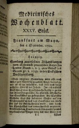 XXXV. Stück. Frankfurt am Mayn, den 6 September. 1783. - XXXVIII. Stück. Frankfurt am Mayn, den 27 September. 1783.