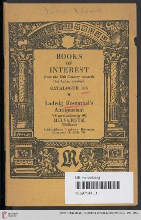 Nr. 196: Catalogue: Books of interest from the 15th century onwards