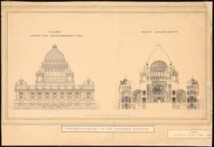 Reichstag, Berlin Zweiter Wettbewerb: Fassade gegen Brandenburger Tor und Hauptquerschnitt 1:200