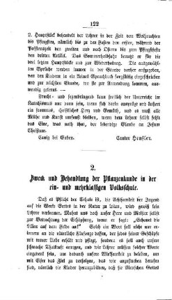 Zweck und Behandlung der Pflanzenkunde in der ein- und mehrklassigen Volksschule