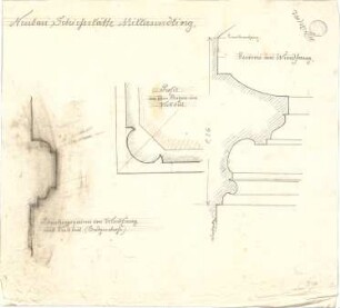 Pfann, Paul; München - Mittersendling, Zielstattstr.; Neue Schießstätte - Brüstungsgesims im Windfang u. Vestibül EG, Gesims im Windfang u. Profil an den Bögen im Vestibül (Schnitte, Detail)