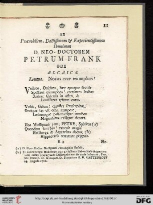 D. Neo - Doctorem Petrum Frank, Ode Alcaica: Lemma. Novus ecce triumphus!