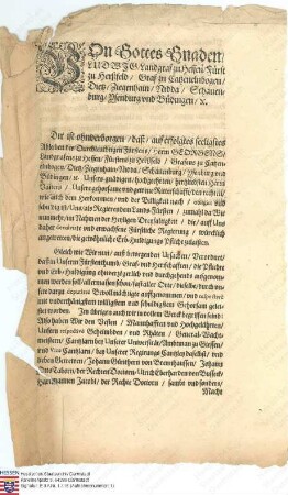 Fürstliche Anordnung: Nach dem Ableben des Landgrafen Georg [II.] v. Hessen haben alle am 12. Juli 1661, morgens 8.00 Uhr, den Erbhuldigungs-Eid in der Kellerei in Gießen zu leisten