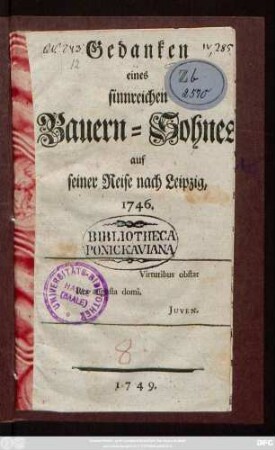 Gedanken eines sinnreichen Bauern-Sohnes auf seiner Reise nach Leipzig, 1746