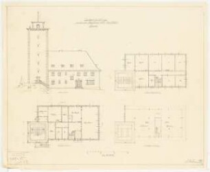 Gasthof mit Aussichtsturm: Ansicht, Grundriss EG, OG, DG 1:150
