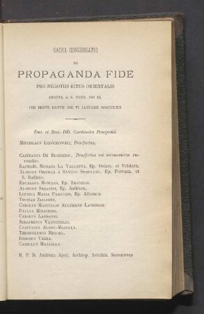 Sacra congregatio de propaganda fide pro negotiis ritus orientalis erecta A S. Pont. Pio IX per breve datum die VI Januarii MDCCCLXII