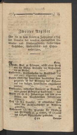 Zweites Register über die in dem siebenten Jahrgange 1795 der Annalen der neuesten theologischen Litteratur und Kirchengeschichte befindlichen kirchlichen, Universitäts- und Schulnachrichten