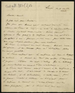 52 Briefe, Originale bzw. Abschriften: Diplomatische Korrespondenz der Hauptakteure der Montenegropolitik der Jahre 1857-1861 - BSB Cod.gall. 987(1-5, Teil 2,17. The Henri Delarue - Hyacinthe Hecquard correspondence, 1857-1858 (33 original confidential letters), Nr. 17: "Lundi avril 10, 11, 12." [April 12, 1858] - BSB Cod.gall. 987(2,17