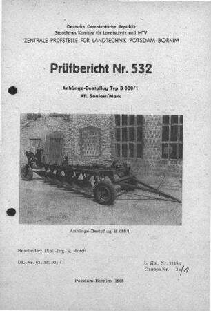 Anhänge-Beetpflug, Typ B 80/1