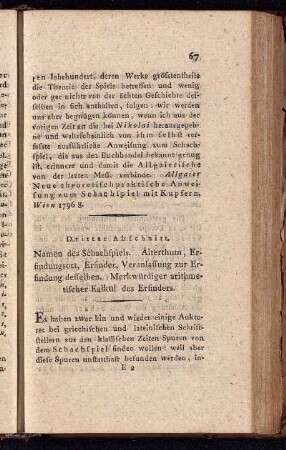 Dritter Abschnitt. Namen des Schachspiels. Alterthum, Erfindungsort, Erfinder, Veranlassung zur Erfindung desselben ...