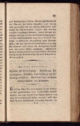 Dritter Abschnitt. Namen des Schachspiels. Alterthum, Erfindungsort, Erfinder, Veranlassung zur Erfindung desselben ...