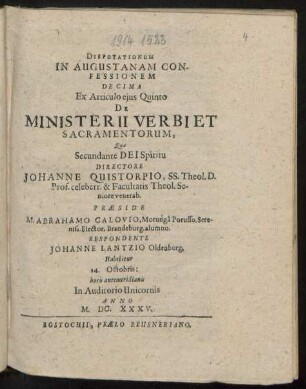 Disputationum In Augustanam Confessionem Decima Ex Articulo eius Quinto De Ministerii Verbi Et Sacramentorum