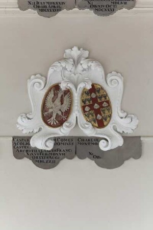 Wappenpaare in Kartuschen — Wappen des Grafen Gaspard II. von Coligny (1519-1572) und seiner Ehefrau Charlotte von Laval (gest. 1568)
