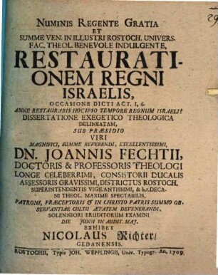 Restaurationem regni Israelis : occasione dicti Act. I, 6 ... dissertatione exegetico-theologica delineatam