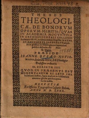 Theses Theologicae, De Bonorvm Opervm Meritis