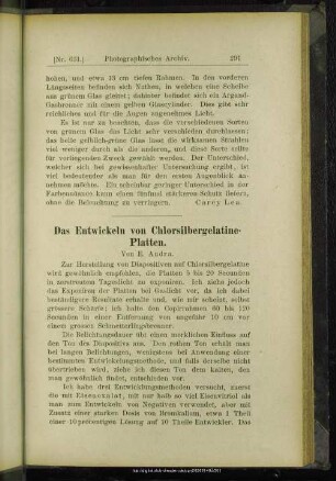 Das Entwickeln von Chlorsilbergelatine-Platten