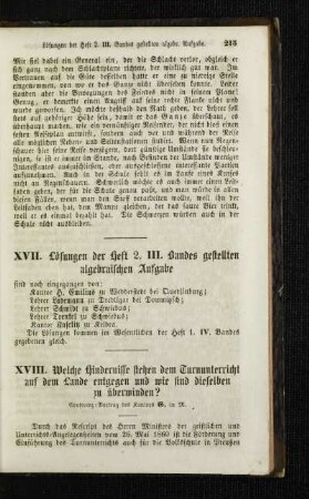 Lösungen der Heft 2. III. Bandes gestellten algebraischen Aufgabe