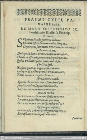 Psalmi CXLII. Paraphrasis. Reimaro Seltrechto