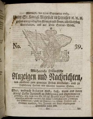 No. 39. Montags, den 25ten September 1769.