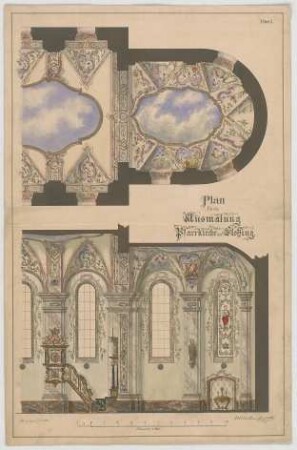 Müller, Josef Anton; Floßing; Pfarrkirche - Ausmalung der Seitenwand u. Decke (Grundriss m. Teilansicht, Teilansicht m. Schnitt)