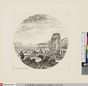 Ansicht des Forum Romanum im Zustand als Campo Vaccino mit ruhenden Viehherden, Hirten und etwaigen Personen.