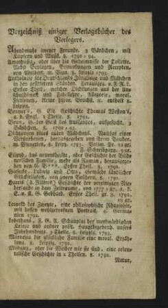 Verzeichniß einiger Verlagsbücher des Verlegers.