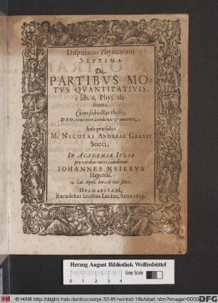 Disputatio Physicarum Septima. De Partibus Motus Quantitativis, e lib. 6. Phys. desumta