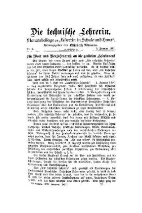 Ein Wort und Neujahrsgruß an die geehrten Leserinnen!