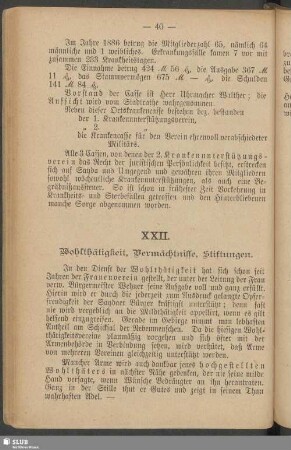 XXII. Wohlthätigkeit, Vermächtnisse, Stiftungen