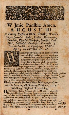 Konstytucje seymu pacificationis dwuniedźielnego extráordynaryinego warszawskiego roku Pánskiego 1736 : ná dźień dwudźiesty piąty mieśjąca czerwcá złozonego