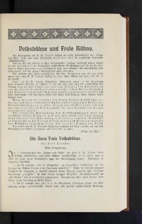 Volksbühne und Freie Bühne. Die neue Frei Volksbühne. Von Karl Strecker. (Eine Entgegnung.)