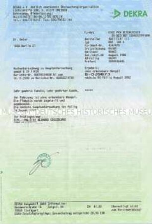Bescheinigung über die Absolvierung einer Nachuntersuchung zur technischen Sicherheit (TÜV)