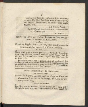Brevet d'apprentissage du Réclamant. 19 Septembre 1771.